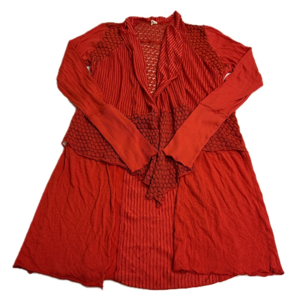 TINY Cardigan Womens XS Red Mixed Knit Crochet Open‎ Front Boho Sweater Anthro
